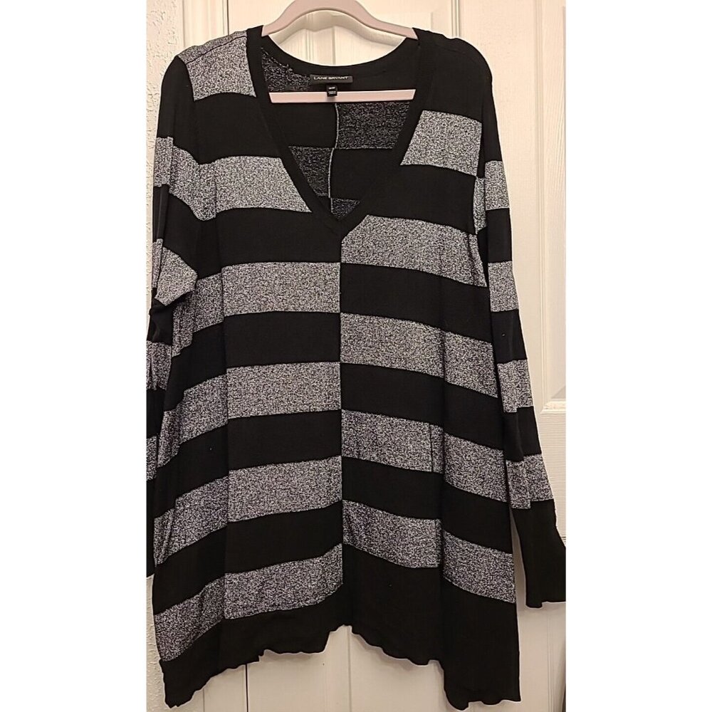Lane Bryant Tunic Sweater 18/20 Black Silver Metallic Striped V-Neck Long Sleeve